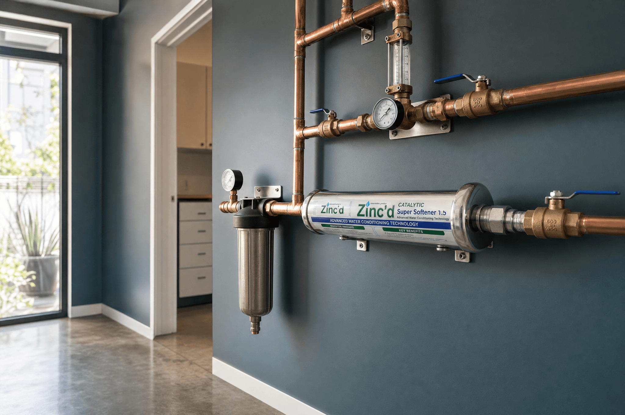 Zinc'd Catalytic Conditioner installed with its filter, gauges and copper flow path