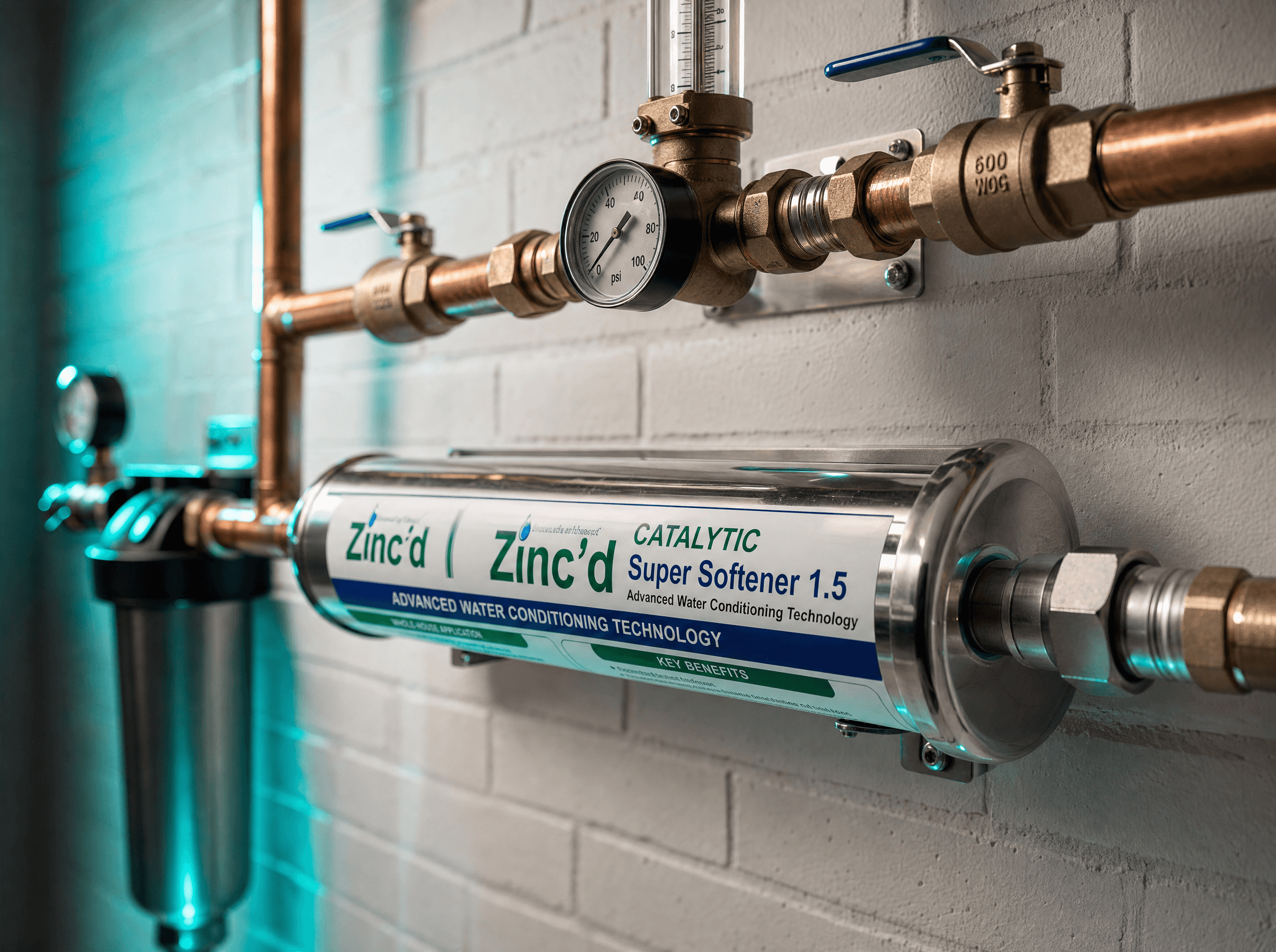 Close view of the Zinc'd Catalytic Conditioner, flow meter and pressure gauge